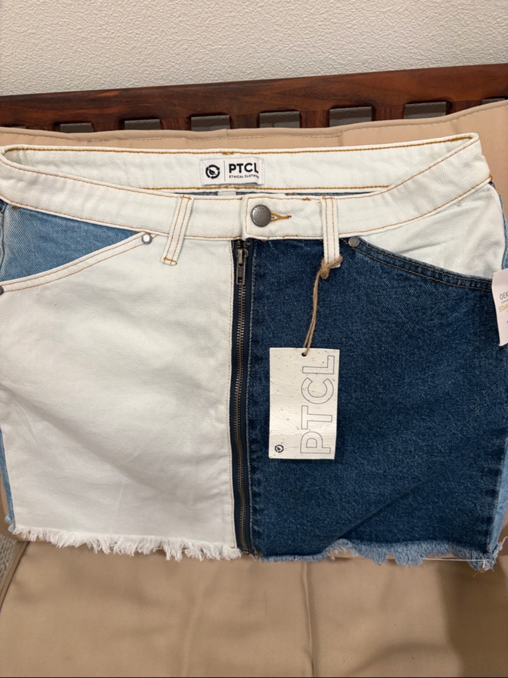 PTCL Colorblock Denim Mini Skirt in White & Dark Blue